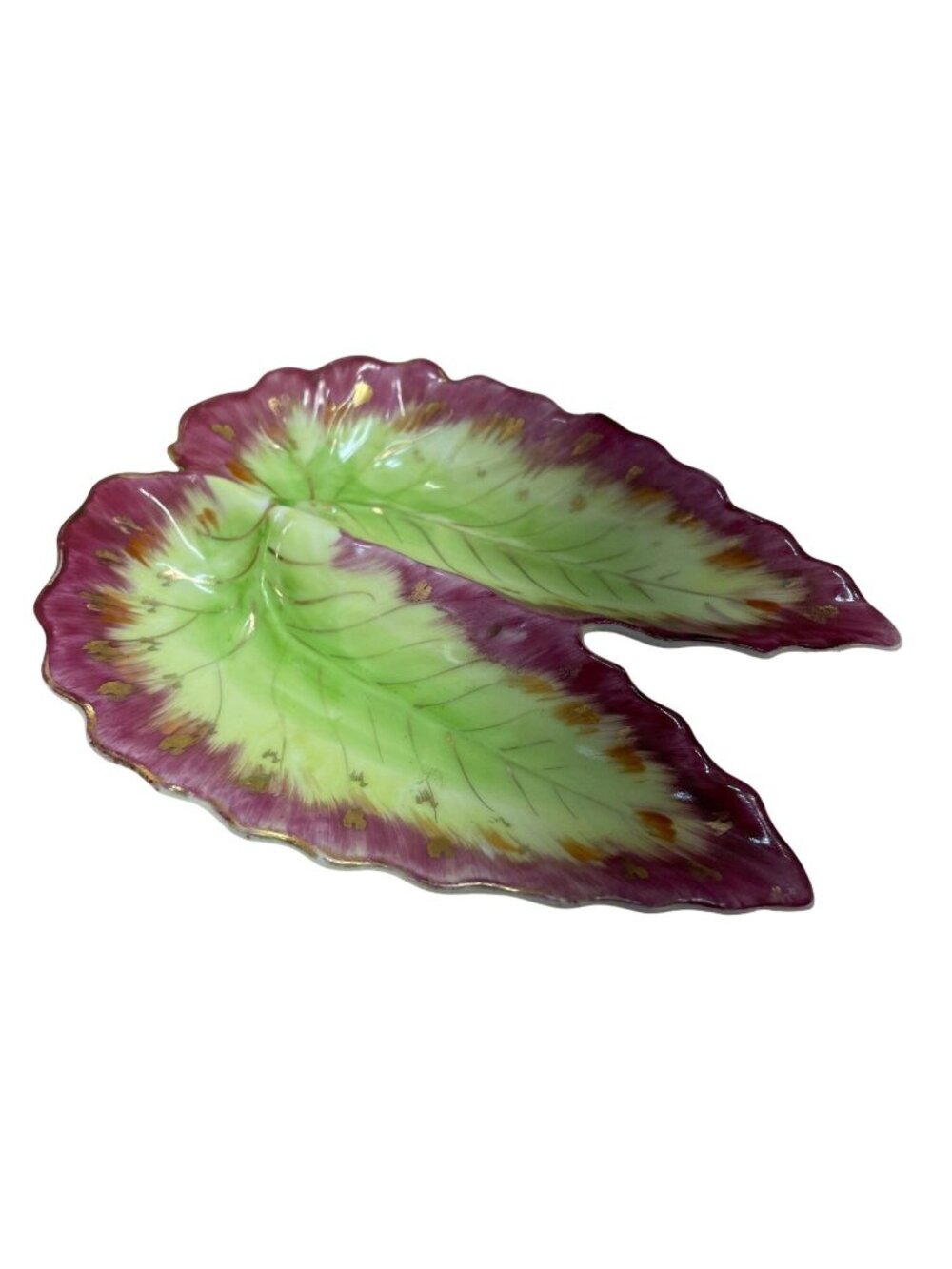 Vintage Hand-Painted Leaf-Shaped Ceramic Dish From Japan